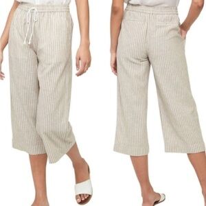 Beachlunchlounge Tan/White Wide Leg Elastic Waist Crop Pants Pockets Linen Blend